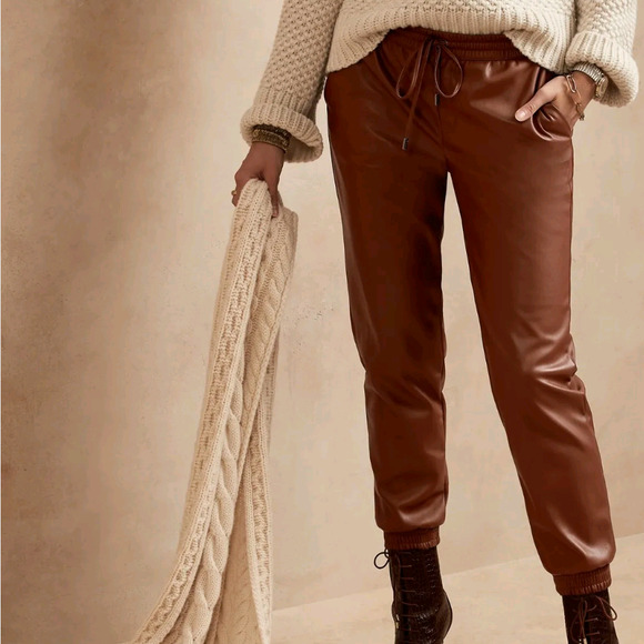 Banana Republic Vegan Leather Jogger Pants Cognac Drawstring Size XXL NWT - Picture 1 of 11